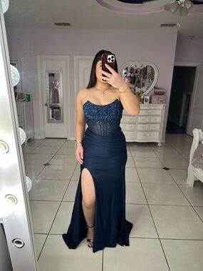Navy Strapless Beaded Evening Gown with Side Slit